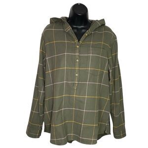 LL Bean Flannel Hoodie Womens M Soft Brushed Green Pink Plaid Pullover Pockets